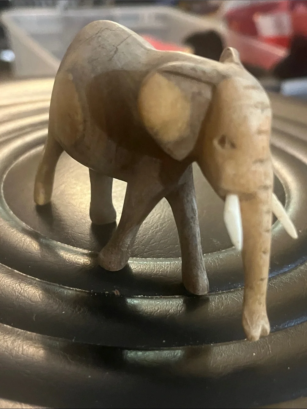 Hand-Carved Wooden Elephant Figurine in Two-Tone Brown With Tusks 416